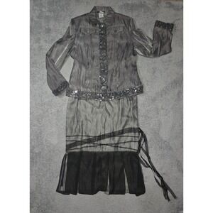 Alain Weiz Sequin Embellished Sheer Jacket Skirt Tank Top Set 3pc Silver Black